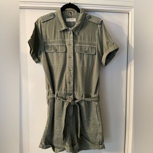 Romper in light olive green with button top and zipper bottom